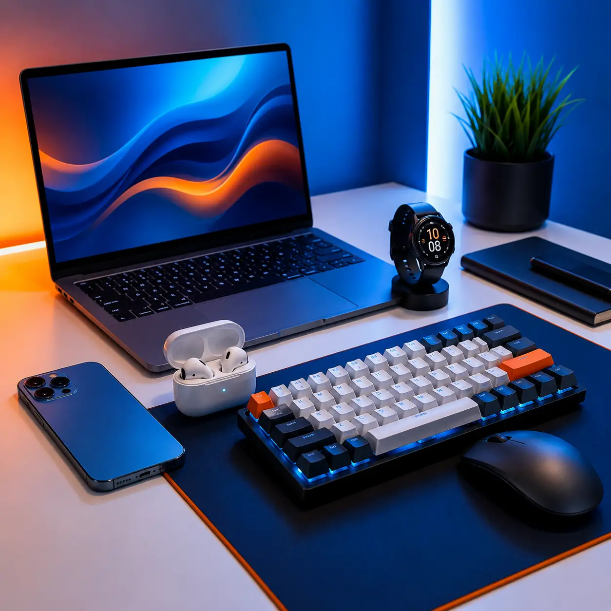 Latest technology gadgets desk setup with laptop, smartphone, smartwatch and earbuds