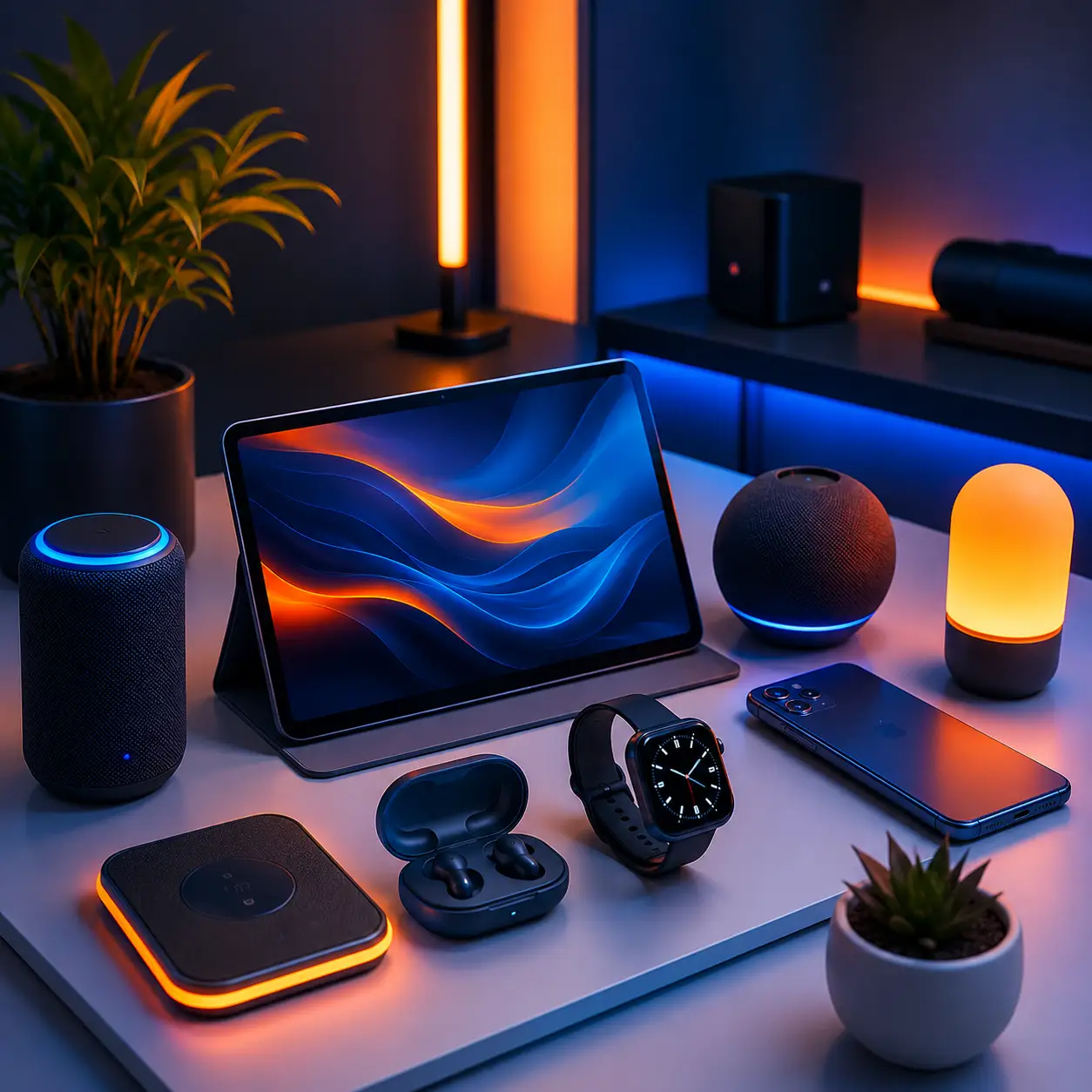 Latest smart gadgets including smartwatch, wireless earbuds, tablet, Bluetooth speaker and smart home devices