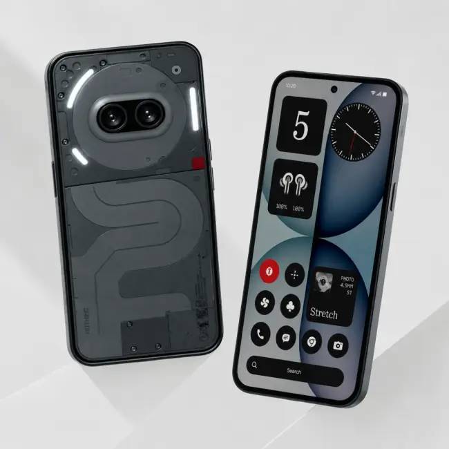 Nothing Phone (4a) front and back view with transparent design and AMOLED display