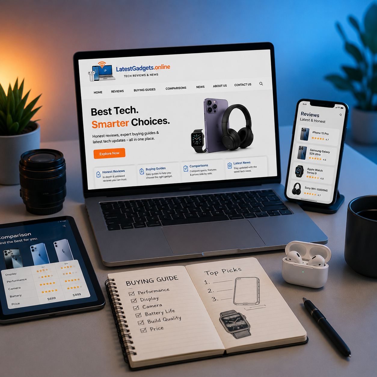 Premium tech review workspace with laptop, smartphone, tablet and buying guide setup