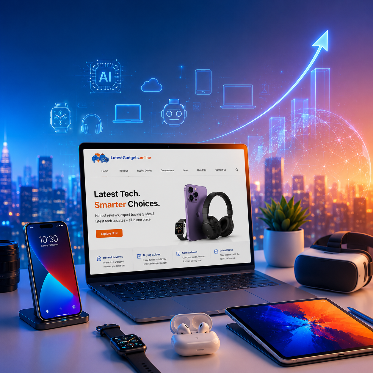 Future-ready tech workspace with laptop, smartphone, tablet and smart gadgets