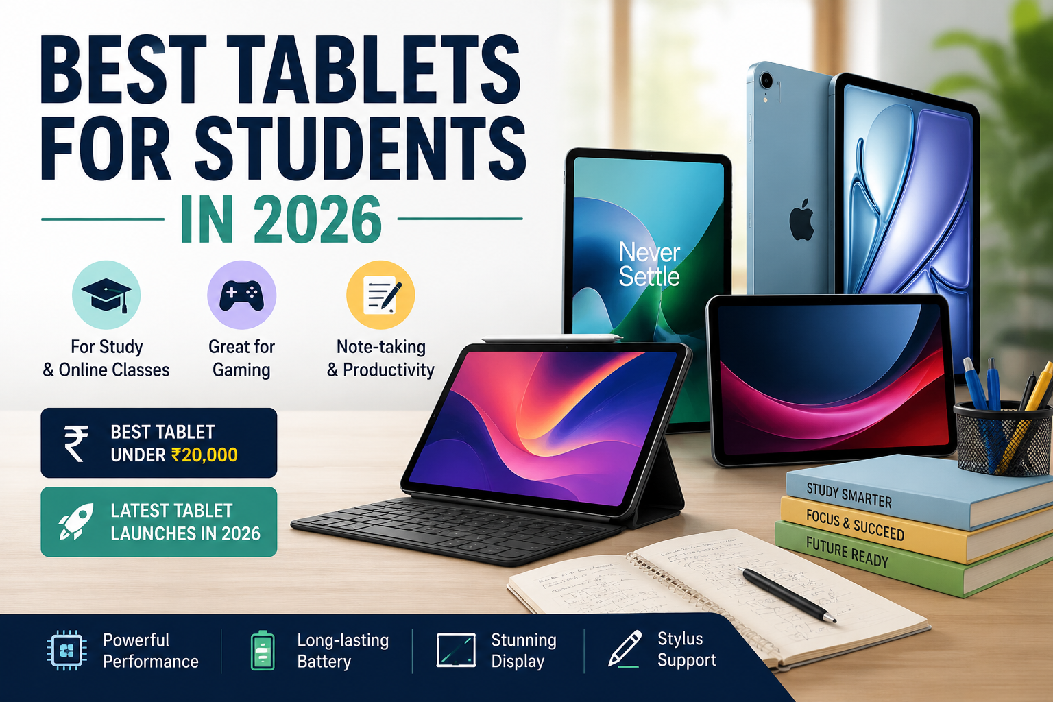 Best tablets for students in 2026 featuring iPad, Android tablets, gaming tablets and budget tablets under ₹20,000
