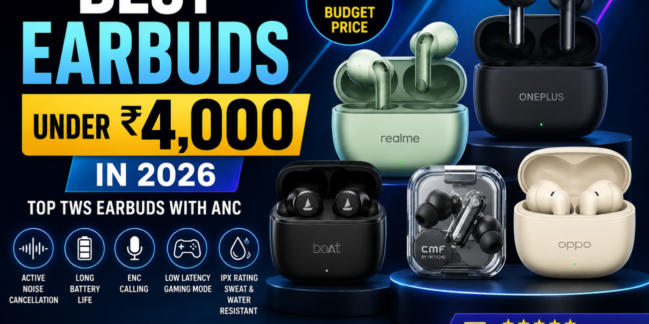 Best earbuds under ₹4,000 in 2026 featuring top TWS earbuds with ANC and wireless audio.