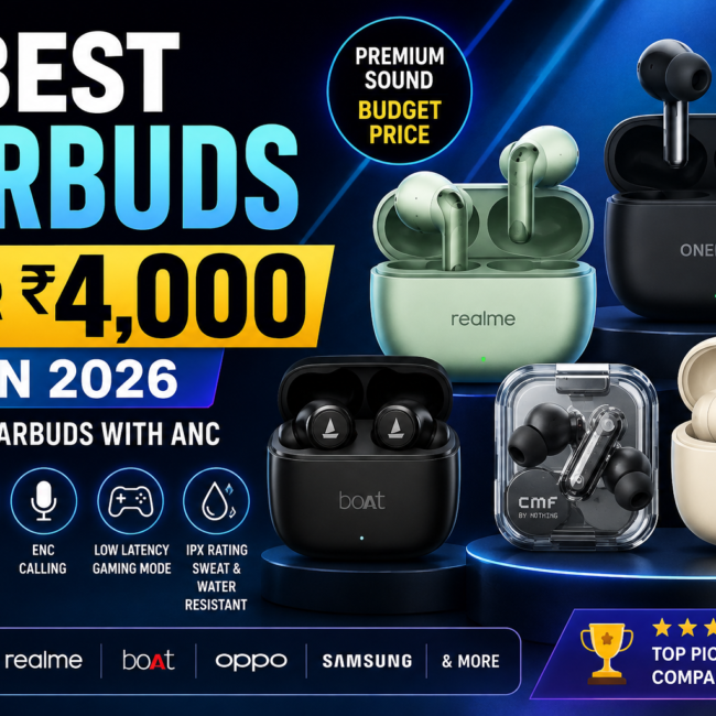 Best earbuds under ₹4,000 in 2026 featuring top TWS earbuds with ANC and wireless audio.