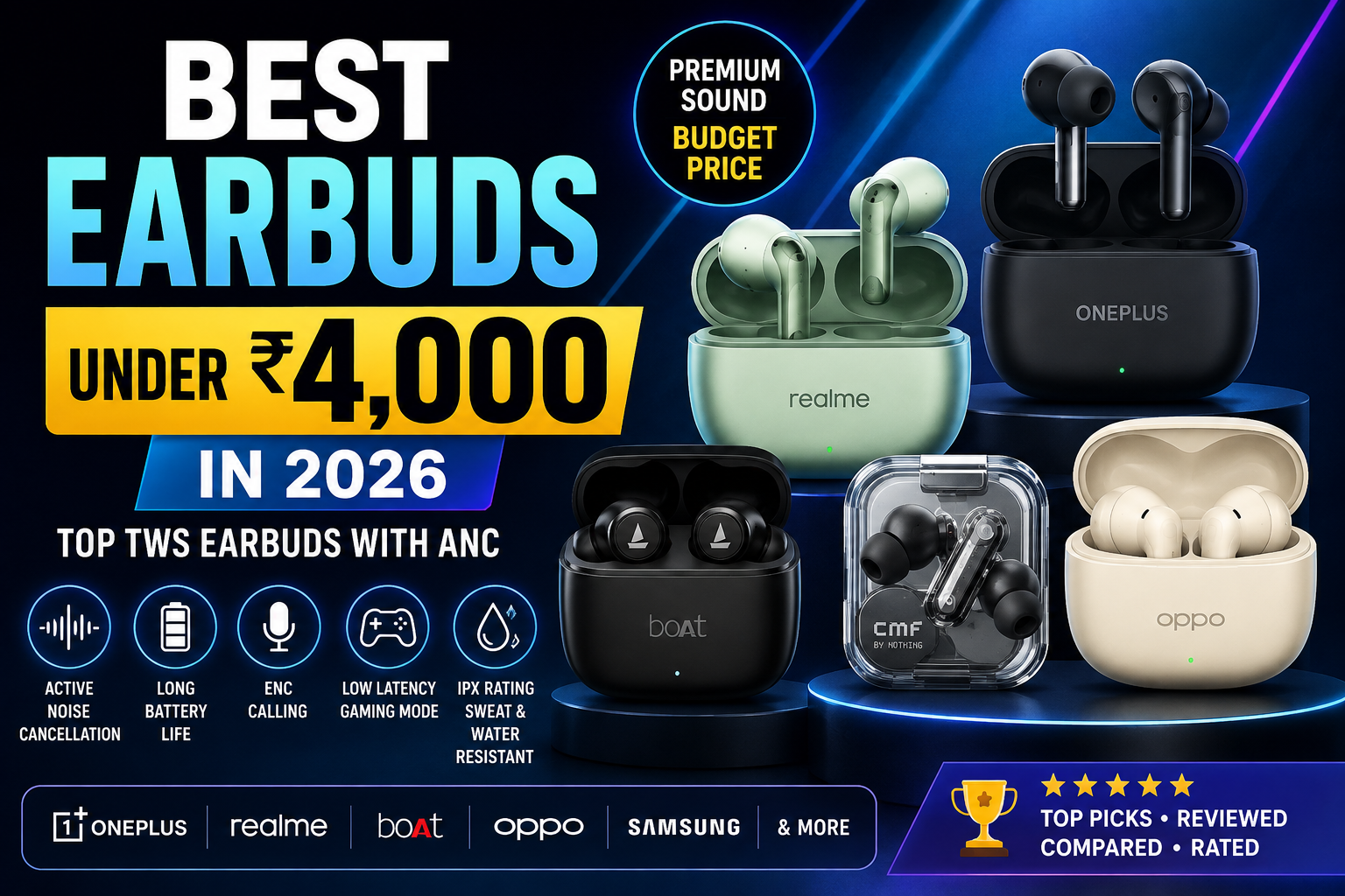Best earbuds under ₹4,000 in 2026 featuring top TWS earbuds with ANC and wireless audio.